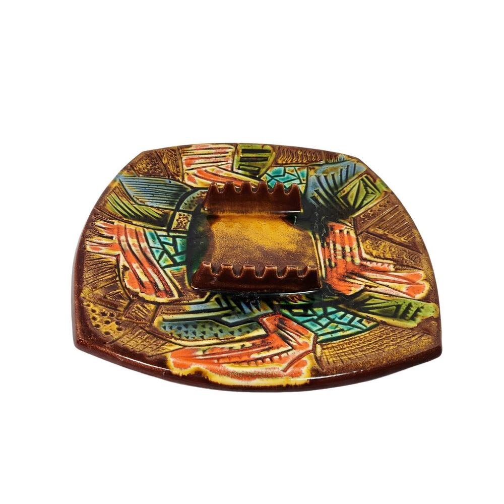 Vtg California Pottery USA Mid-Century Modern Ashtray Large MCM Aztec Design